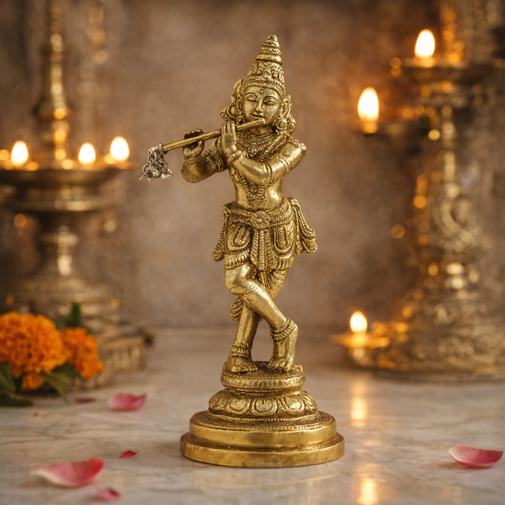 5-Inch Brass Krishna Statue - Handcrafted Lord Krishna Playing Flute (Murli Manohar) Idol for Car Dashboard, Office Desk & Home Mandir - Small Religious Spiritual Gift