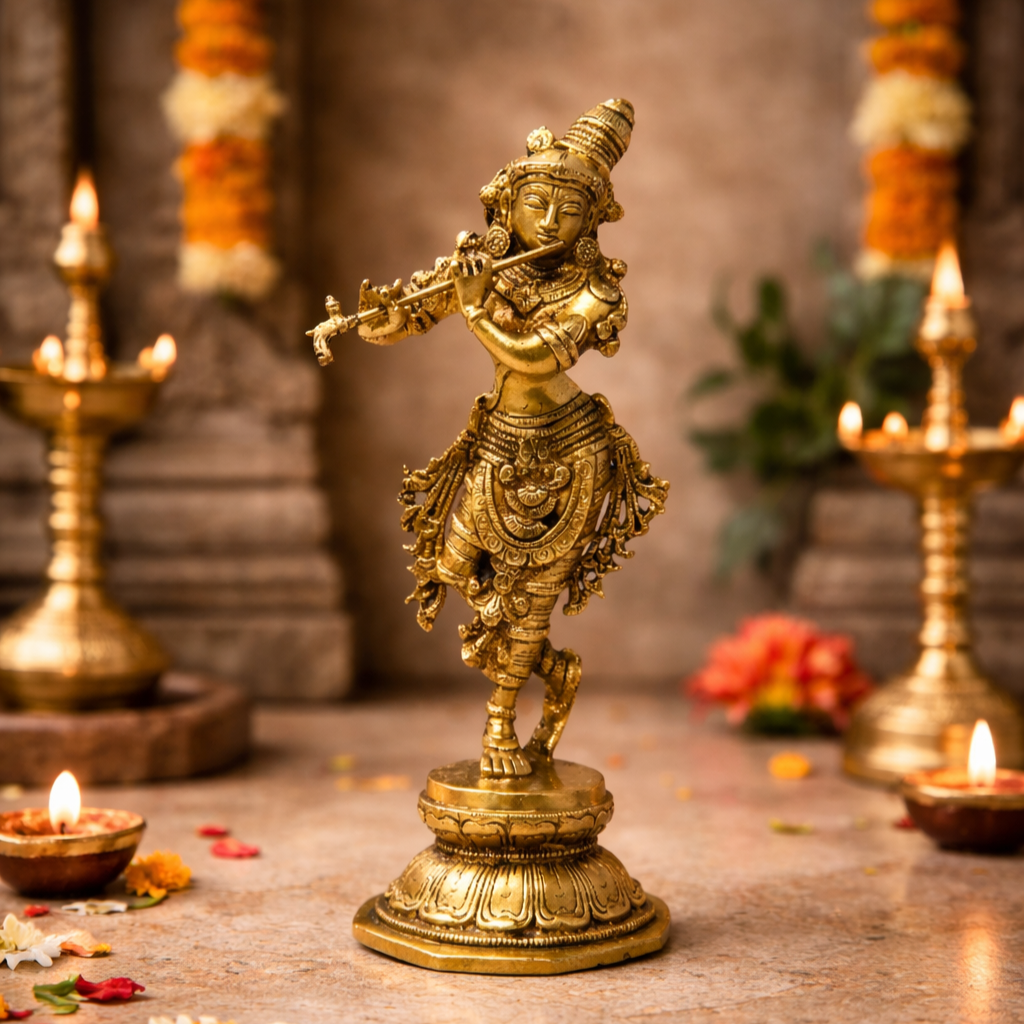 10-Inch Antique Brass Krishna Statue - Handcrafted Lord Krishna Playing Flute Idol for Home Decor, Pooja & Temple - Traditional Vintage Finish Solid Brass Krishna Figurine