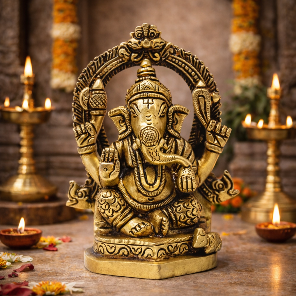 6-Inch Brass Ganesha Statue with Arch (Prabhavali) - Handcrafted Ganpati Idol for Home Mandir, Office Desk & Vastu - Religious Gift for New Beginnings