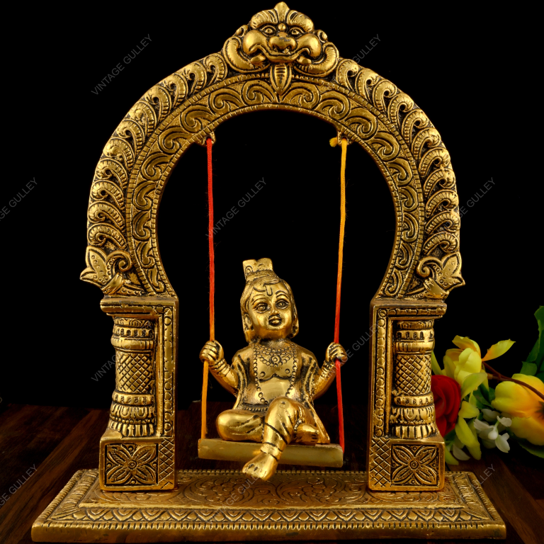 White Metal Golden Oxidized Krishna on Swing - Handcrafted Jhula Krishna Statue for Home Decor, Pooja & Vastu - Premium Silver & Gold Finish Spiritual Showpiece