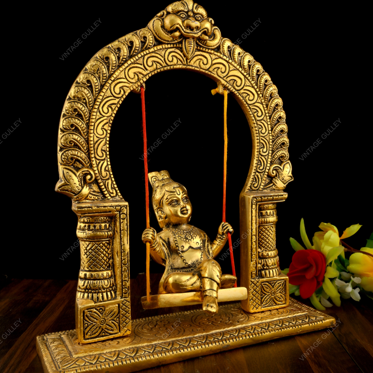 White Metal Golden Oxidized Krishna on Swing - Handcrafted Jhula Krishna Statue for Home Decor, Pooja & Vastu - Premium Silver & Gold Finish Spiritual Showpiece - Image 2
