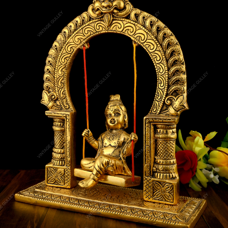 White Metal Golden Oxidized Krishna on Swing - Handcrafted Jhula Krishna Statue for Home Decor, Pooja & Vastu - Premium Silver & Gold Finish Spiritual Showpiece - Image 3