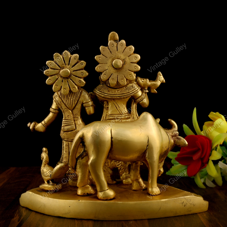 VintageGulley Brass Radha Krishna Statue with Kamdhenu Cow | Handcrafted Idol for Home Decor & Pooja - Image 2