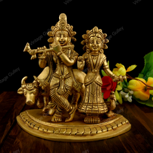 Brass Radha Krishna Statue with Cow - Handcrafted Krishna Flute Playing Idol with Kamdhenu Cow for Home Decor, Pooja & Vastu - Religious Spiritual Gift