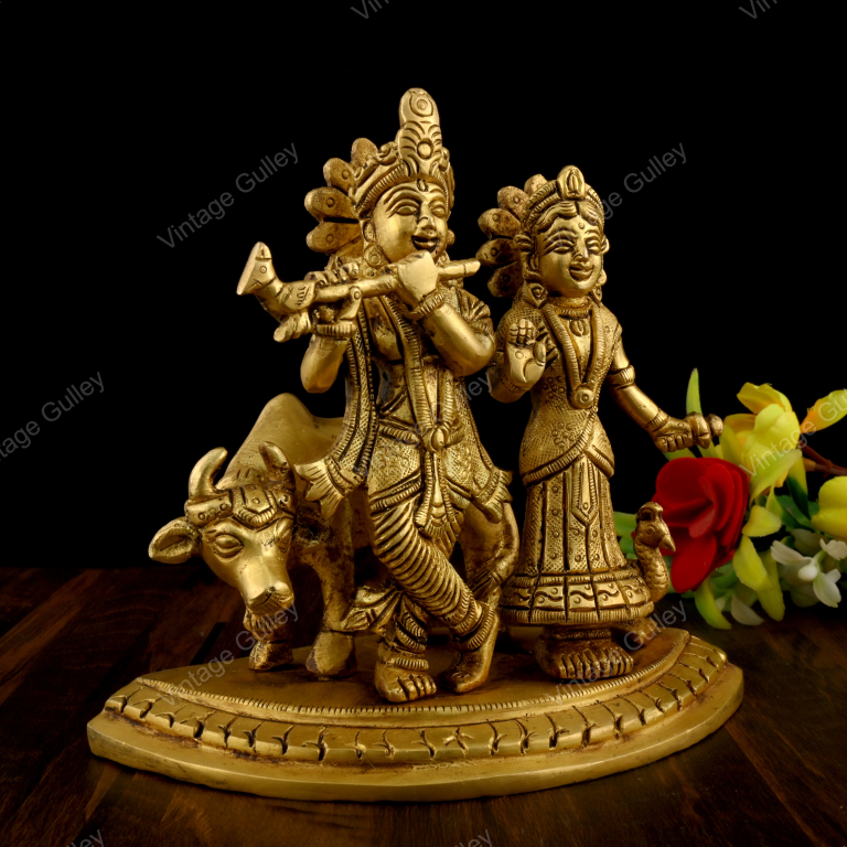 VintageGulley Brass Radha Krishna Statue with Kamdhenu Cow | Handcrafted Idol for Home Decor & Pooja - Image 3