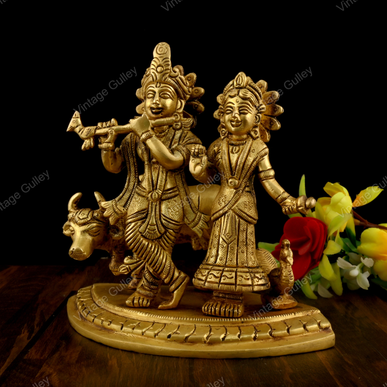 VintageGulley Brass Radha Krishna Statue with Kamdhenu Cow | Handcrafted Idol for Home Decor & Pooja - Image 4