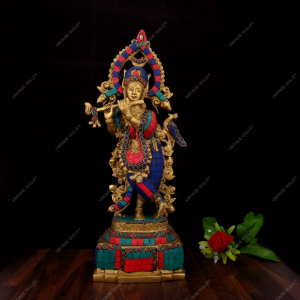 Exquisite 14-Inch Brass Krishna Statue with Stone Work | Handcrafted Idol for Home Decor & Pooja