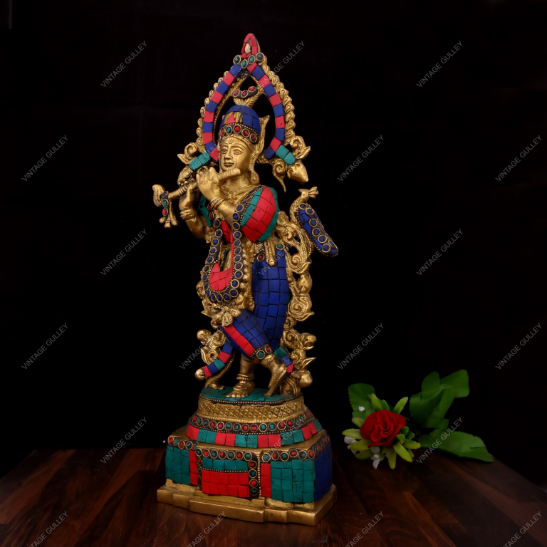 VintageGulley Exquisite 14-Inch Brass Krishna Statue with Stone Work | Handcrafted Idol for Home Decor & Pooja - Image 2