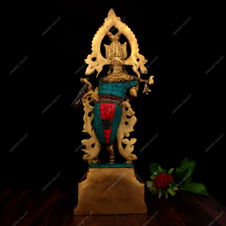 VintageGulley Exquisite 14-Inch Brass Krishna Statue with Stone Work | Handcrafted Idol for Home Decor & Pooja - Image 3