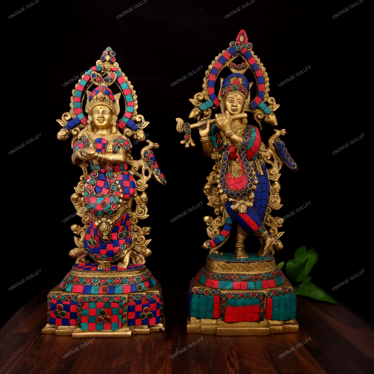 14-Inch Brass Radha Krishna Statue with Intricate Stonework - Handcrafted Divine Couple Idol for Home Mandir, Pooja & Vastu - Premium Stone Inlay Radha Krishna Murti for Decor & Gifting