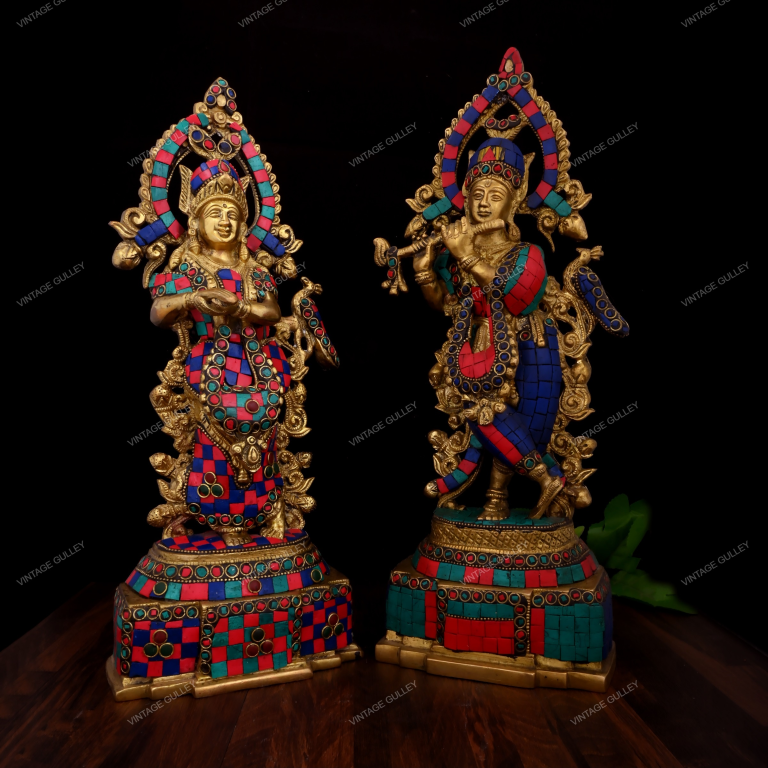 14-Inch Brass Radha Krishna Statue with Intricate Stonework - Handcrafted Divine Couple Idol for Home Mandir, Pooja & Vastu - Premium Stone Inlay Radha Krishna Murti for Decor & Gifting - Image 2
