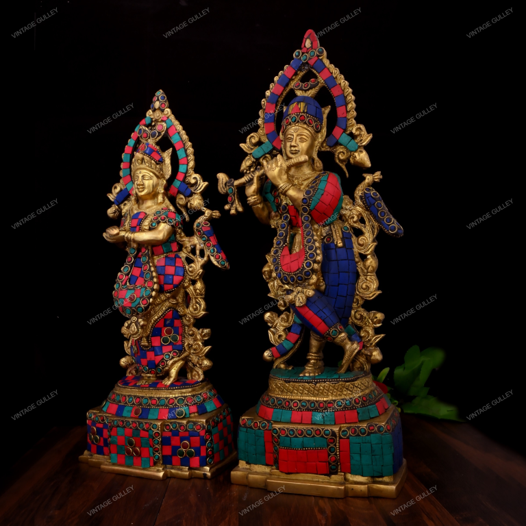 14-Inch Brass Radha Krishna Statue with Intricate Stonework - Handcrafted Divine Couple Idol for Home Mandir, Pooja & Vastu - Premium Stone Inlay Radha Krishna Murti for Decor & Gifting - Image 3