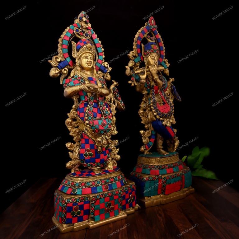 14-Inch Brass Radha Krishna Statue with Intricate Stonework - Handcrafted Divine Couple Idol for Home Mandir, Pooja & Vastu - Premium Stone Inlay Radha Krishna Murti for Decor & Gifting - Image 4