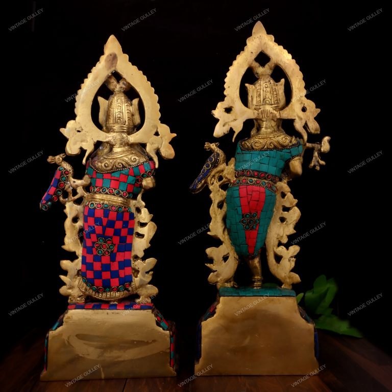 14-Inch Brass Radha Krishna Statue with Intricate Stonework - Handcrafted Divine Couple Idol for Home Mandir, Pooja & Vastu - Premium Stone Inlay Radha Krishna Murti for Decor & Gifting - Image 5
