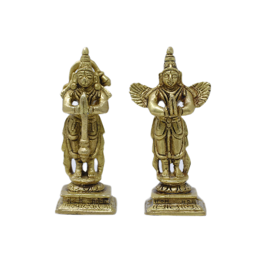 Brass Hanuman and Garuda Idol Set - Small 4-Inch Handcrafted Hanuman & Garuda Murti Pair for Home Mandir White background