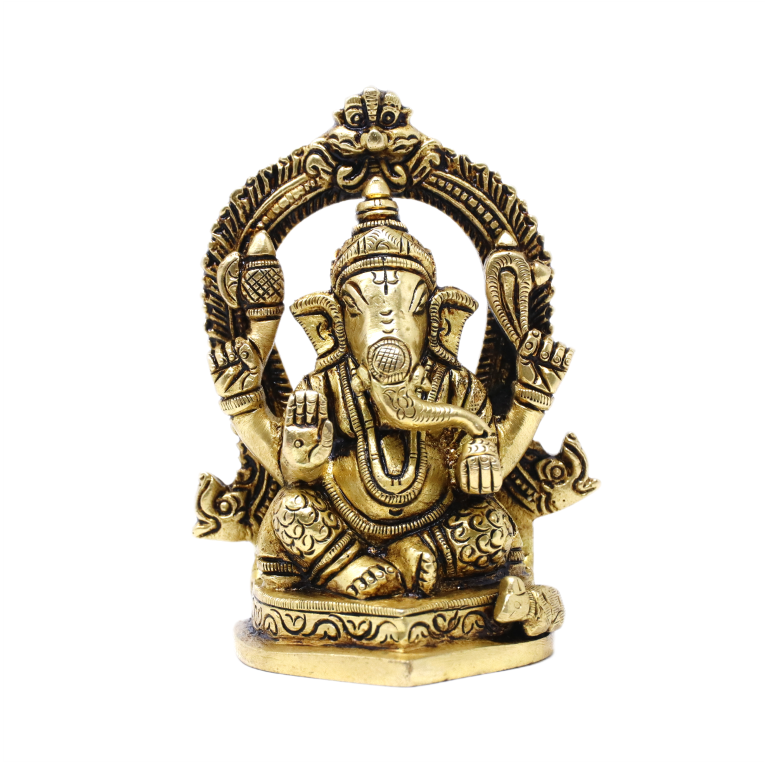 AROOTI 4-Inch Brass Ganesha Idol with Arch | Antique Gold Ganpati Murti for Home Mandir & Gifts - Image 2