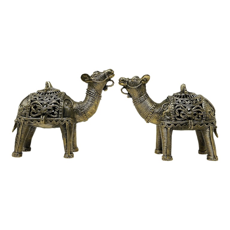 AROOTI Handcrafted Dokra Camel Figurine Set of 2 | Antique Lost-Wax Cast Metal Pair | Traditional Tribal Desert Camel Sculptures for Living Room Office Desk Shelf Decor, Ethnic Luxury Gift - Image 2