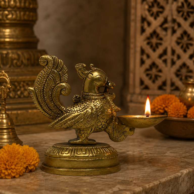 AROOTI Handcrafted Brass Peacock Diya for Puja | Traditional Oil Lamp with Decorative Mayur Design | Premium Vintage Brass Deepam for Home Mandir, Diwali Puja & Festive Gifting (Small)