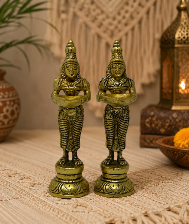 Brass Lady Lamp Holder Set of 2 for Home Decor and Pooja Traditional Brass Deepam Lady Figurines Handmade in India Antique Brass Lady Diya Holders for Festive Decoration Handcrafted Brass Lamp Holder Pair for Mandir and Entrance