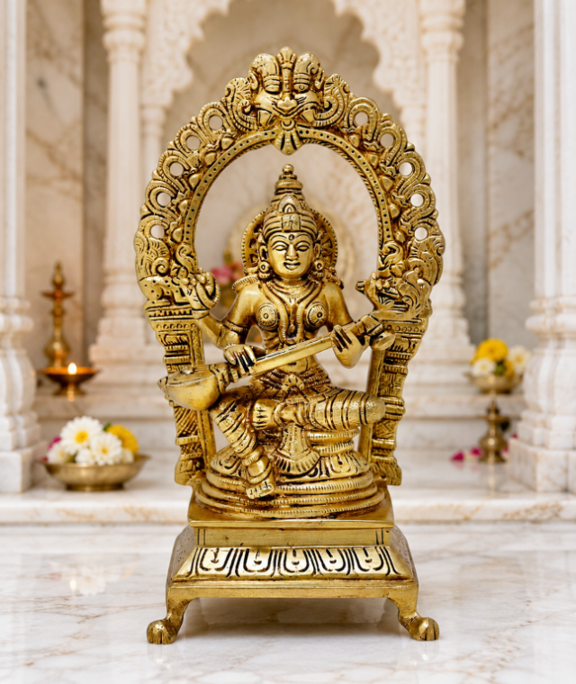 Brass Saraswati Idol with Arch 8 Inch