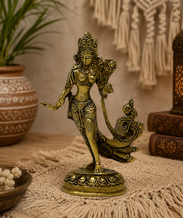 Handcrafted Brass Tara Devi Idol for Home Temple and Meditation Traditional Brass Goddess Tara Statue for Spiritual Decor Brass Tara Devi Murti for Buddhist Altar and Prayer Room Premium Brass Tara Goddess Figurine Handmade in India
