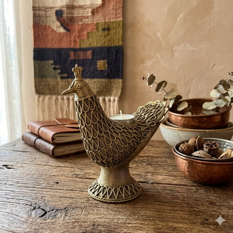AROOTI Handcrafted Dokra Brass Peacock Candle Stand | Traditional Lost-Wax Cast Metal Antique T-Light Holder | Ethnic Indian Home Decor Figurine for Living Room Festival Diwali Gifting, approx 14.5 cm