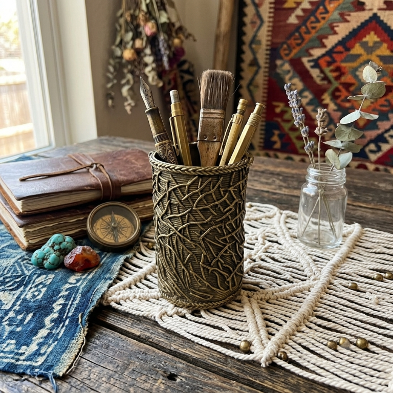 AROOTI India Handmade Dokra Pen Stand Height=12cm | Traditional Brass Work Pen Holder for Desk | Unique Ethnic Table Decor & Premium Corporate Gifting Item