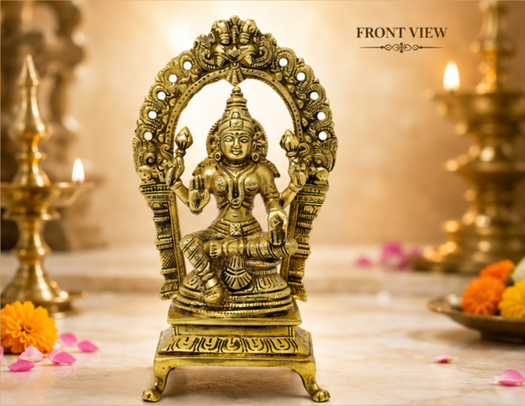 AROOTI Premium Brass Goddess Laxmi Idol with Traditional Arch (Prabhavali) | 8-Inch Antique Finish Lakshmi Statue for Home Decor, Puja Room, and Office | Auspicious Gift for Diwali & Housewarming