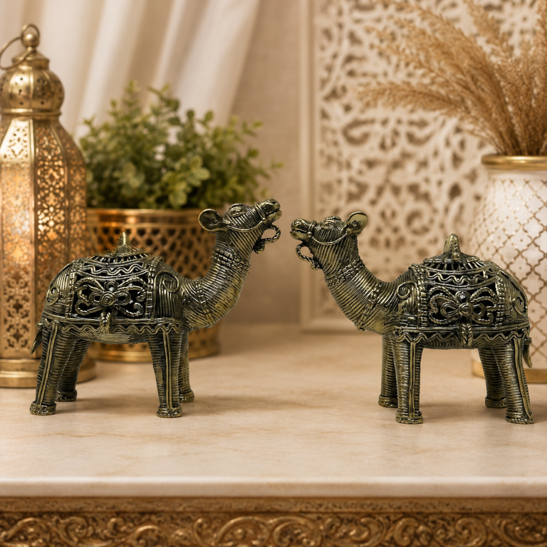 AROOTI Handcrafted Dokra Camel Figurine Set of 2 | Antique Lost-Wax Cast Metal Pair | Traditional Tribal Desert Camel Sculptures for Living Room Office Desk Shelf Decor, Ethnic Luxury Gift