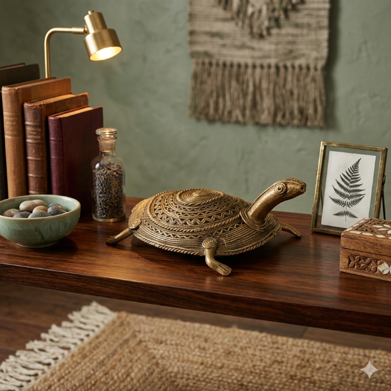 AROOTI Handcrafted Brass Dokra Tortoise, Traditional Tribal Metal Art Figurine for Home Decor, Vastu & Feng Shui Good Luck Gift, 15.5 x 10.5 x 6 cm