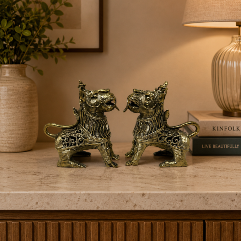 AROOTI Handmade Dokra Lion Figurine Set of 2 | Tribal Brass Lion Statues for Home Decor | Vintage Metal Animal Showpieces for Living Room, Office, Shelf & Gifting | 13 cm Height