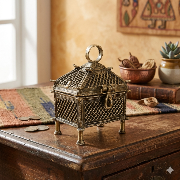 AROOTI Handcrafted Dokra Brass Trinket Box | Antique Lost-Wax Cast Metal Mesh Jewelry Organizer | Traditional Tribal Storage Chest Figurine for Dressing Table, Ethnic Indian Home Decor Festival Gift