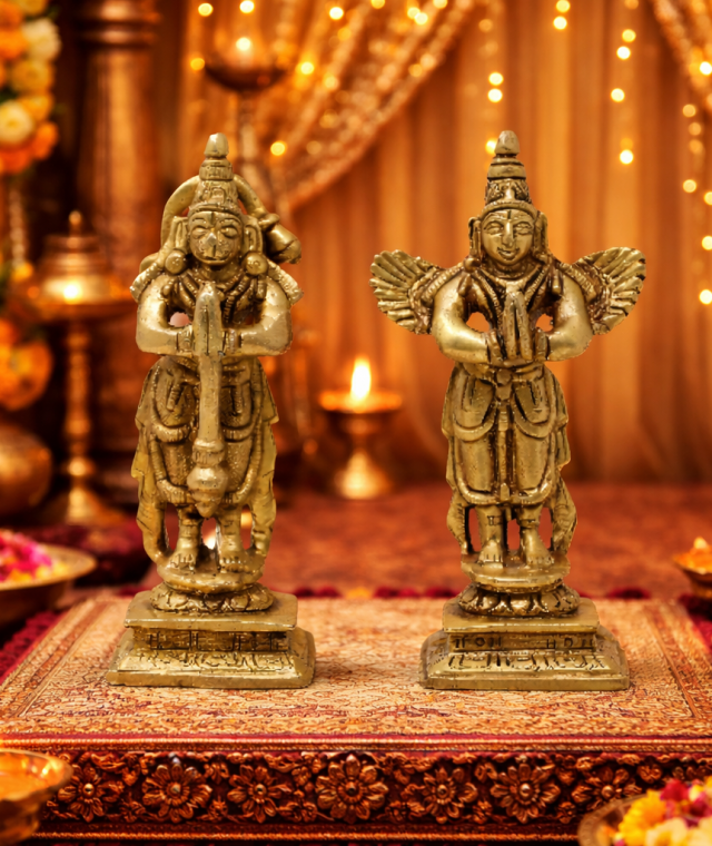Brass Hanuman and Garuda Idol Set - Small 4-Inch Handcrafted Hanuman & Garuda Murti Pair for Home Mandir