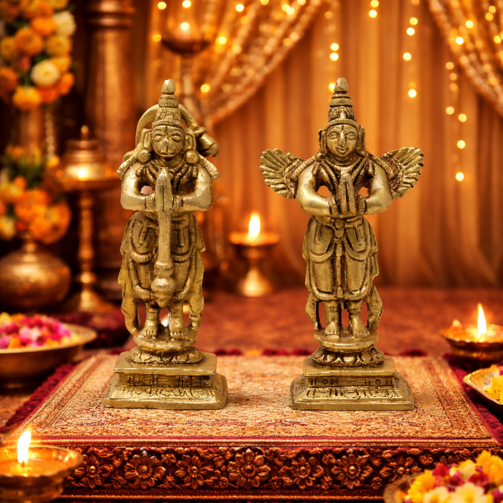 Brass Hanuman and Garuda Idol Set - Small 4-Inch Handcrafted Hanuman & Garuda Murti Pair for Home Mandir