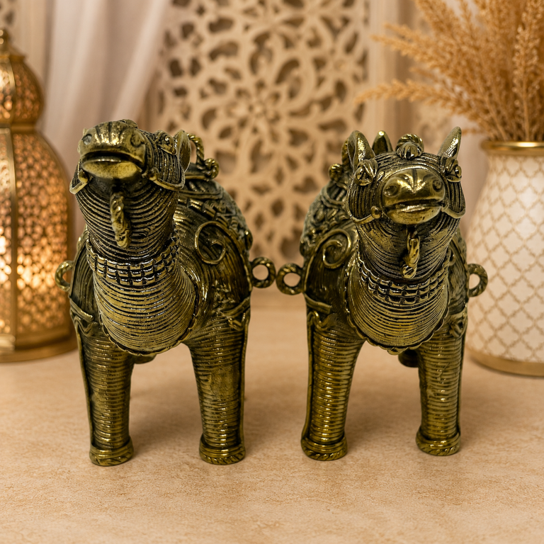 AROOTI Handcrafted Dokra Camel Figurine Set of 2 | Antique Lost-Wax Cast Metal Pair | Traditional Tribal Desert Camel Sculptures for Living Room Office Desk Shelf Decor, Ethnic Luxury Gift - Image 3