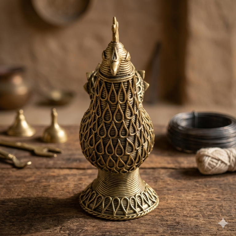AROOTI Handcrafted Dokra Brass Peacock Candle Stand | Traditional Lost-Wax Cast Metal Antique T-Light Holder | Ethnic Indian Home Decor Figurine for Living Room Festival Diwali Gifting, approx 14.5 cm - Image 3