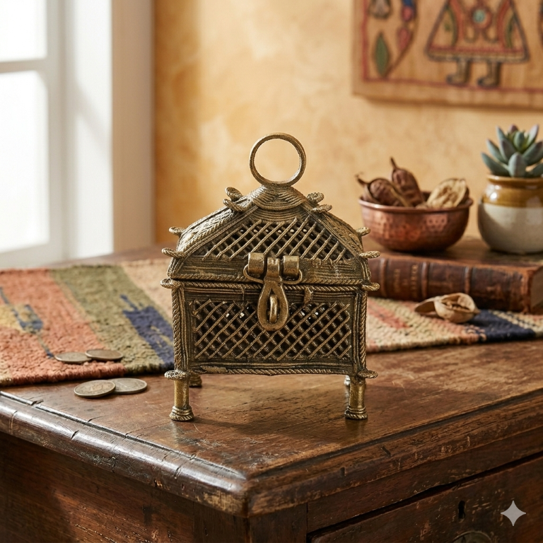 AROOTI Handcrafted Dokra Brass Trinket Box | Antique Lost-Wax Cast Metal Mesh Jewelry Organizer | Traditional Tribal Storage Chest Figurine for Dressing Table, Ethnic Indian Home Decor Festival Gift - Image 2