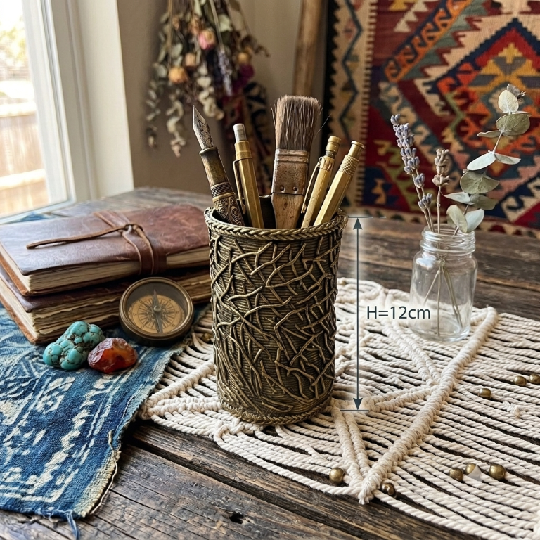 AROOTI India Handmade Dokra Pen Stand Height=12cm | Traditional Brass Work Pen Holder for Desk | Unique Ethnic Table Decor & Premium Corporate Gifting Item - Image 3
