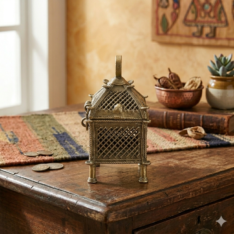 AROOTI Handcrafted Dokra Brass Trinket Box | Antique Lost-Wax Cast Metal Mesh Jewelry Organizer | Traditional Tribal Storage Chest Figurine for Dressing Table, Ethnic Indian Home Decor Festival Gift - Image 3