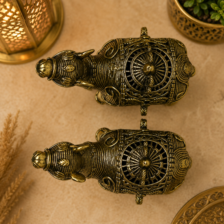 AROOTI Handcrafted Dokra Camel Figurine Set of 2 | Antique Lost-Wax Cast Metal Pair | Traditional Tribal Desert Camel Sculptures for Living Room Office Desk Shelf Decor, Ethnic Luxury Gift - Image 4