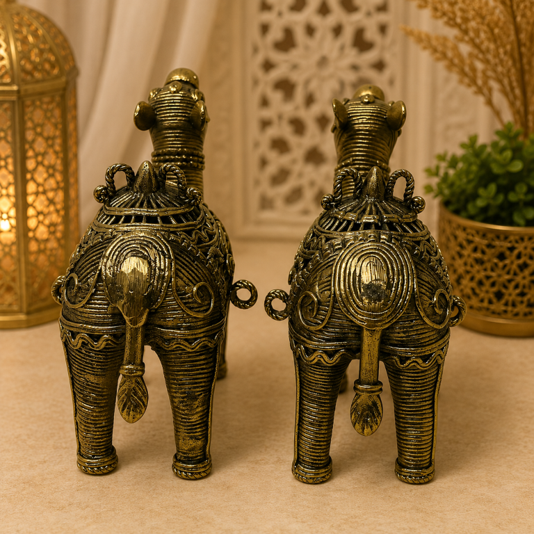 AROOTI Handcrafted Dokra Camel Figurine Set of 2 | Antique Lost-Wax Cast Metal Pair | Traditional Tribal Desert Camel Sculptures for Living Room Office Desk Shelf Decor, Ethnic Luxury Gift - Image 5