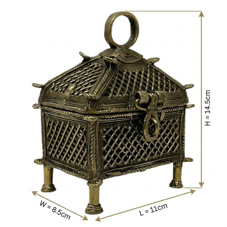 AROOTI Handcrafted Dokra Brass Trinket Box | Antique Lost-Wax Cast Metal Mesh Jewelry Organizer | Traditional Tribal Storage Chest Figurine for Dressing Table, Ethnic Indian Home Decor Festival Gift - Image 8