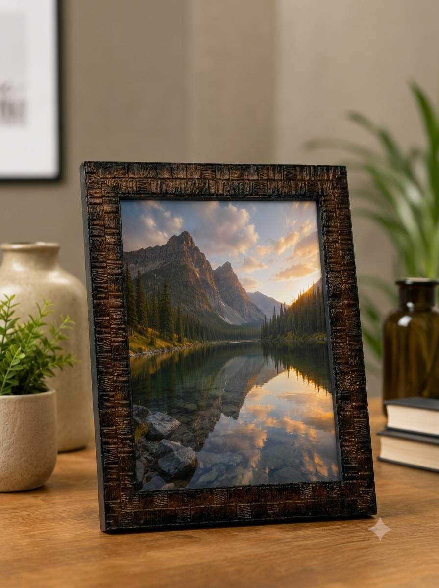 AROOTI 5x7 Inch Brown Color Portrait Photo Frame with Elegant Block Pattern | Decorative Tabletop Picture Frame for Home Décor