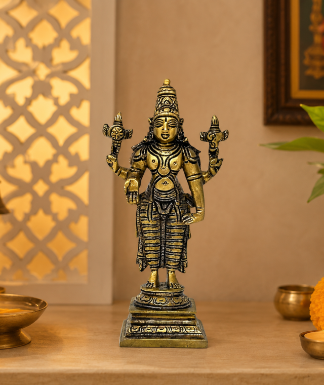 AROOTI Pure Brass Vishnu Idol 6 Inch, Standing Lord Vishnu Statue with Square Base for Home Temple Mandir, Pooja Decor, and Gifting