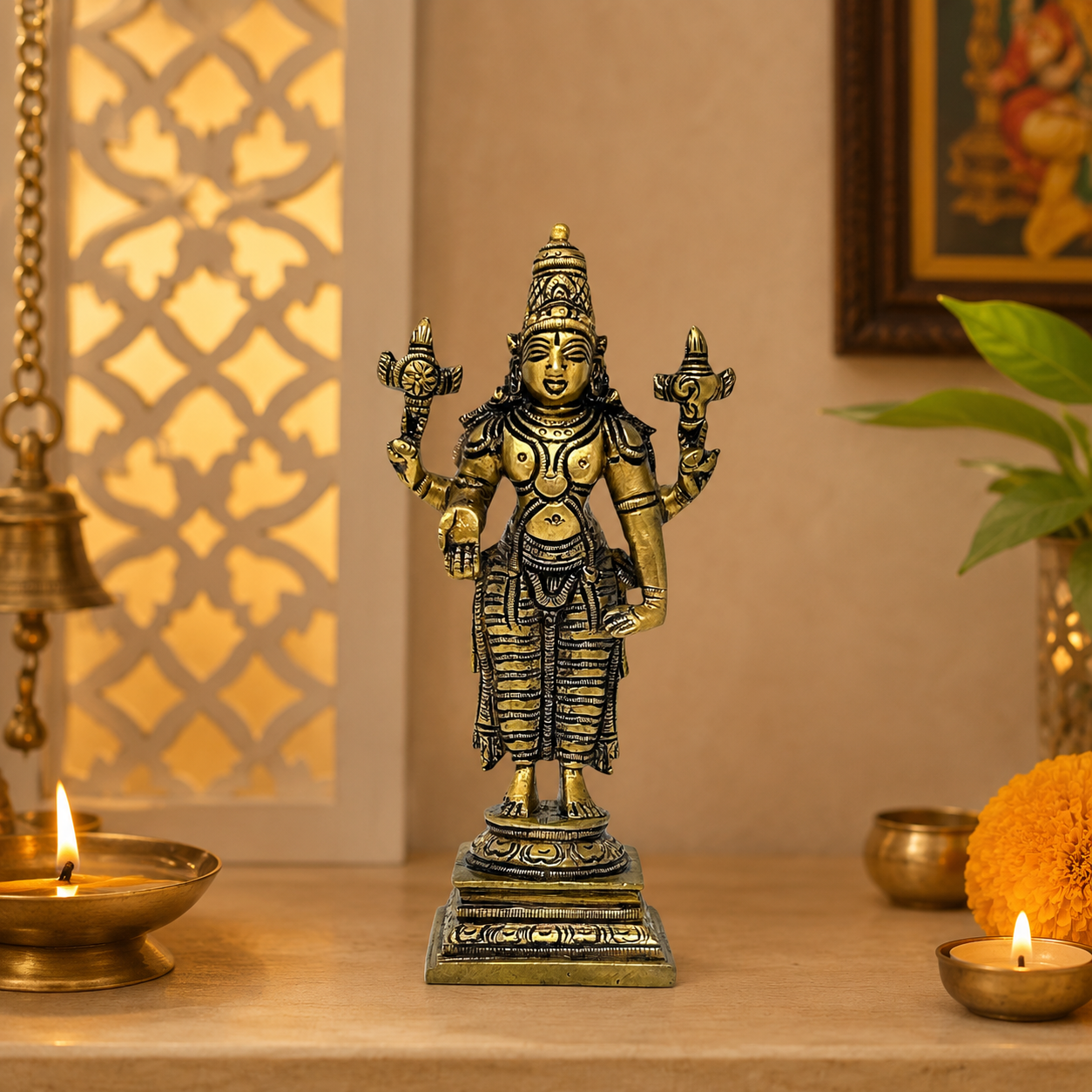 AROOTI Pure Brass Vishnu Idol 6 Inch, Standing Lord Vishnu Statue with Square Base for Home Temple Mandir, Pooja Decor, and Gifting