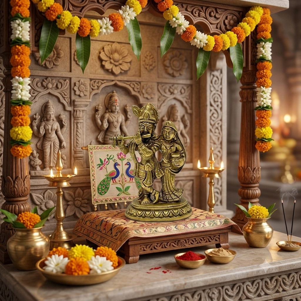 AROOTI Brass Radha Krishna Idol | Traditional Radha Kishan Murti Standing Playing Flute | 11.5cm Height - Image 3