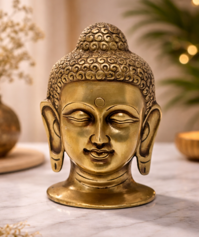 AROOTI Brass Buddha Head Statue for Home Decor | Gautam Buddha Bust Idol | 6 Inch