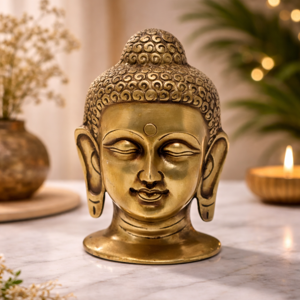 AROOTI Brass Buddha Head Statue for Home Decor | Gautam Buddha Bust Idol | 6 Inch
