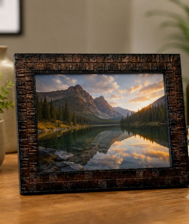 AROOTI 4x6 Inch Brown Color Landscape Photo Frame with Elegant Block Pattern | Decorative Tabletop Picture Frame for Home Décor