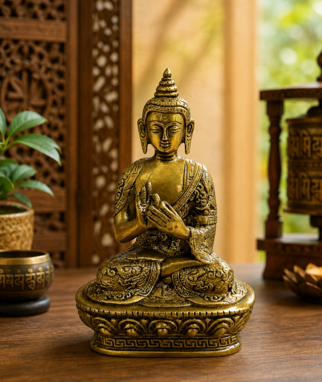 AROOTI Decorative Brass Buddha Statue | 17 cm Sitting Buddha Idol for Home, Office, Meditation Room & Spiritual Decor